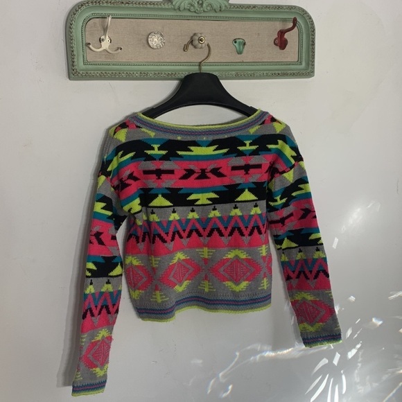 Xhilaration small long sleeve crop southwestern neon multicolor acrylic top - Picture 5 of 8